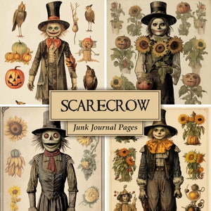 Vintage Scarecrow Junk Journal Kit, Paper Craft, Digital Scrapbook Pages, Halloween Autumn Collage Sheet, Scrapbook Supplies, Pumpkin