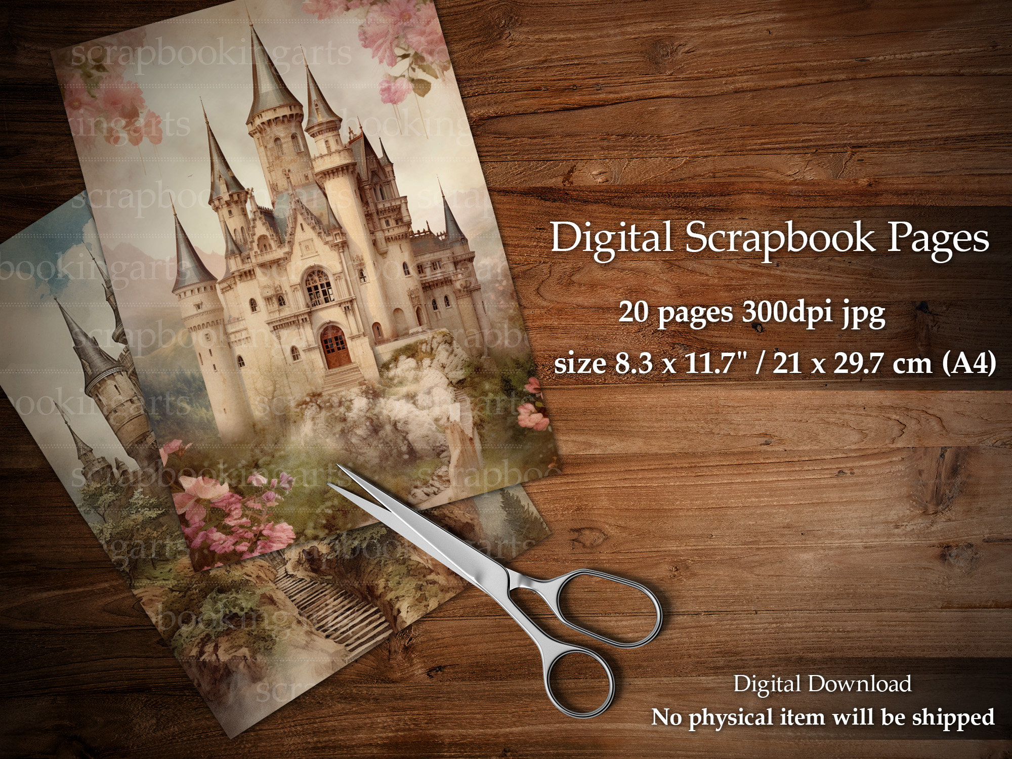Printable Fairytale Castle, Printable Background, Digital Scrapbook
