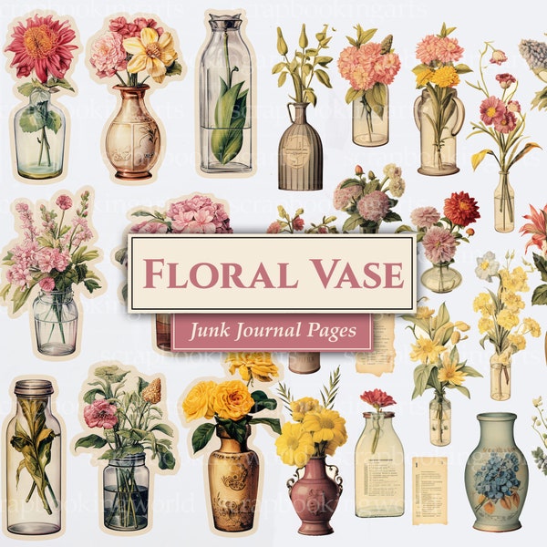 Vintage Shabby Chic Floral Junk Journal Kit, Floral Arrangement, Vase of Flowers, Flowers Printable, Digital Planner, Botanical Junk Journal