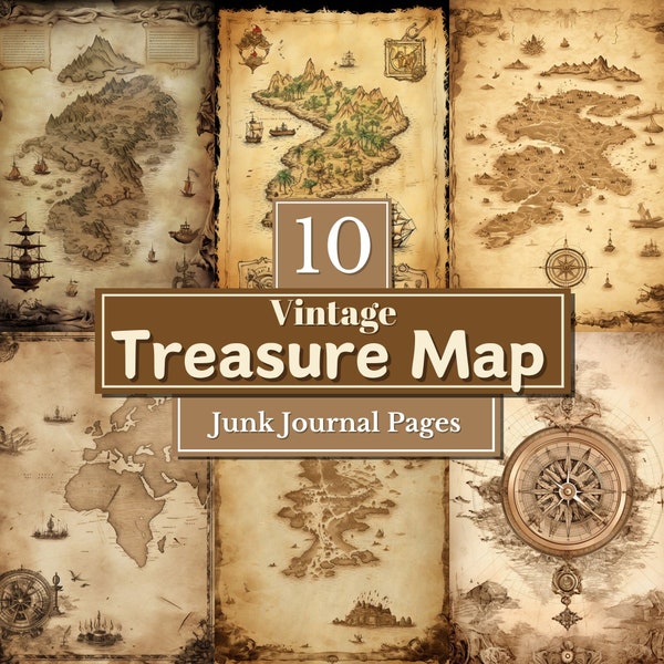 Printable Vintage Treasure Map, Junk Journal Paper, Scrapbook Supplies, Digital Download, Printable Paper, Old Aged Distressed Paper