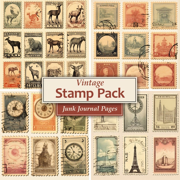 Printable Vintage Postage Stamps, Printable Old Postal Stamps Ephemera, Junk Journal Digital Kit, Digital Sticker Stamp, Scrapbook Paper