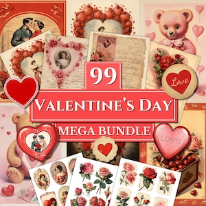 Valentine&#39;s Day Junk Journal Pages, BUNDLE, Valentine&#39;s Day, Digital Scrapbook Paper Kit, Digital Download, Printable Images, Love, Ephemera