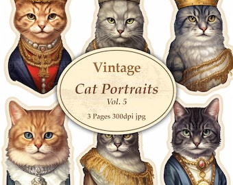 Vintage Cat Portraits, Printable Digital Scrapbook Pages, Junk Journal Supplies, Collage Sheets