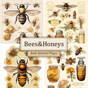 Honey Bee Junk Journal Pages, Printable Paper, Digital Scrapbook Pages, Floral Collage Sheet, Scrapbook Supplies, Honey Bee Ephemera