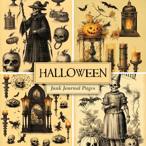Vintage Halloween Junk Journal Kit, gruselige druckbare, digitale Scrapbook Seiten, gruselige Collage Sheet, Kürbislaterne, Scrapbook Zubehör