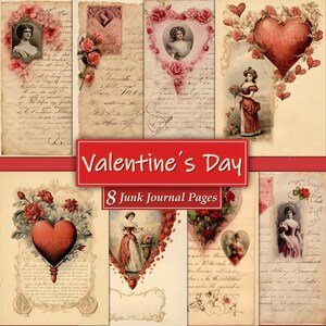 Papeles digitales de San Valentín, páginas de álbumes de recortes, kit de diario basura de San Valentín, papel imprimible, regalo de San Valentín, plantilla de carta vintage