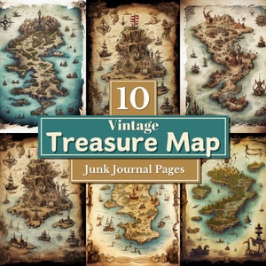Papel imprimible de Treasure Island, kit de diario basura, mapa del tesoro vintage imprimible, descarga digital, mapa pirata de fantasía, suministros de álbum de recortes