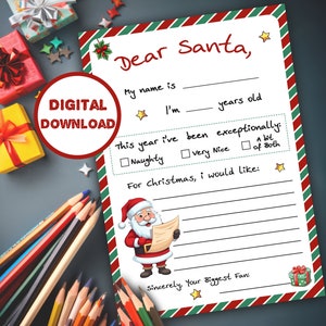 Druckbarer Brief an Santa, Lieber Santa, Brief an Santa, Weihnachtswunschliste, Printable, Weihnachtsbrief für Kinder, Santa Briefvorlage, JPG