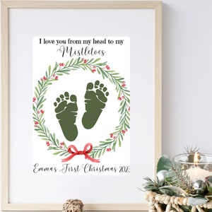 EDITIERBARE Weihnachten Kindertagesstätte Handwerk, Fußabdruck Mistel Kunst, personalisiertes Geschenk, Fußabdruck Andenken, Babys erstes Weihnachten, druckbare Feiertage