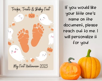 May include: A printable Halloween-themed footprint keepsake with a beige background and orange and white ghosts. The text "Tricks, Treats & Baby Feet" and "My First Halloween 2023" is printed on the page.