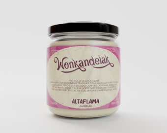 Vela aromática Wonkandelak. Chocolate, caramelo, nubes y cereza. Vela artesana hecha a mano, aromas naturales para toda la casa.