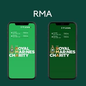 May include: A smartphone mockup displaying a mobile app with a green background and the text "THE ROYAL MARINES CHARITY". The app shows a signal strength indicator of 54% and a date of Sun 24th Jan. The app also shows two location options: Local and Home, both with a value of 1904.