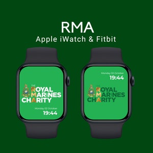 May include: A digital watch face with a green background and the text "THE ROYAL MARINES CHARITY" in white. The watch face also displays the date and time: "Monday 02 October 19:44".