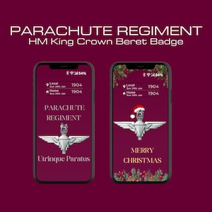 May include: Two smartphones displaying a Parachute Regiment beret badge design. One phone shows the badge with the text "Utrinque Paratus." The other phone shows the badge with a Santa hat and the text "Merry Christmas."