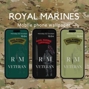 May include: Three smartphone screens displaying Royal Marines-themed wallpapers. Each features the text "ROYAL MARINES COMMANDO", "RM", and "VETERAN". The backgrounds are in shades of green, black, and khaki, with a camouflage pattern.