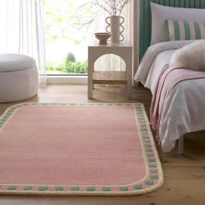 Luxurious Patterned Origins Rounded Edge Pink Wool Area Rug | Soft and Calm