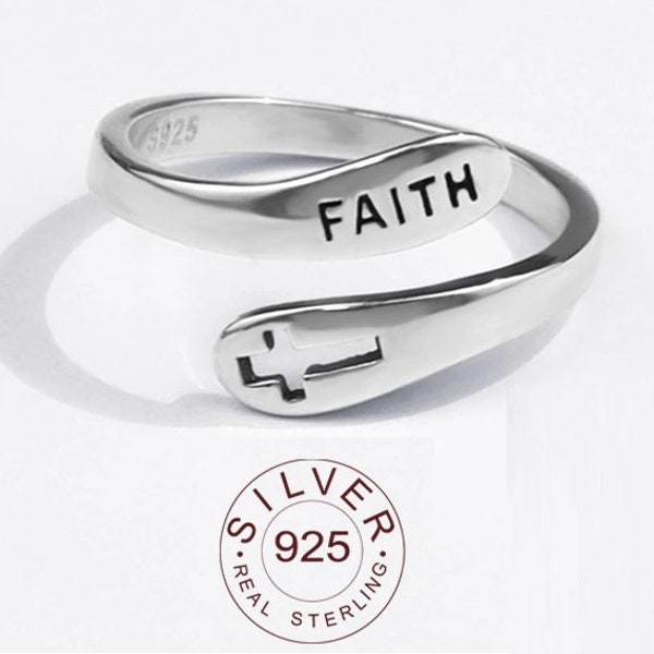 Faith Ring  - 925 Sterling Silver Adjustable with Engraved Cross & Faith!