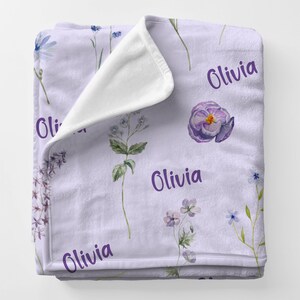 Personalized Purple Floral Baby Blanket, Custom Name Velveteen Plush Blanket