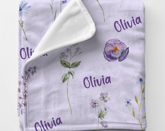 Manta de bebé floral morada personalizada, Manta de felpa de pana con nombre personalizado