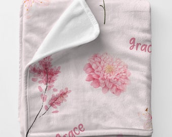 Personalized Pink Wildflower Baby Blanket, Custom Name Velveteen Plush Blanket