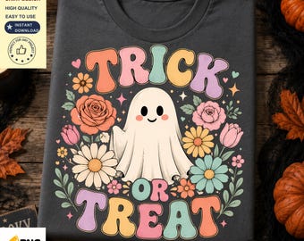 Trick or Treat PNG | Cute Ghost Halloween Shirt Design | Pastel Spooky Season PNG | Coquette Halloween Sublimation | Digital Download