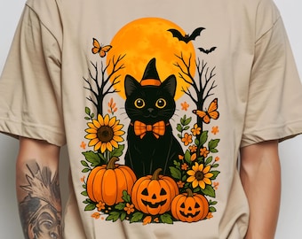 Gato negro de Halloween PNG: Sombrero de bruja, calabazas, luna llena (Descarga digital)