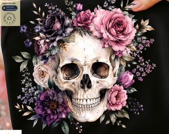 Floral Skull PNG | Watercolor Skull with Roses PNG | Gothic Floral Halloween Shirt Design | Skull Sublimation PNG Digital Download