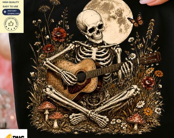 Skeleton Guitar PNG | Boho Halloween Sublimation Design | Vintage Skeleton Music Shirt PNG | Cottagecore Gothic Digital Download