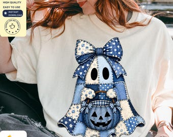 Patchwork Ghost PNG | Cute Coquette Halloween Ghost PNG | Boho Ghost Shirt Design | Pumpkin Ghost Sublimation PNG Digital Download