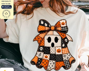 Patchwork Ghost PNG | Cute Coquette Halloween Ghost PNG | Boho Ghost Shirt Design | Pumpkin Ghost Sublimation PNG Digital Download