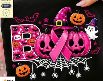 Breast Cancer Halloween PNG | Pink Pumpkin  Sublimation Design | Pink Ribbon Halloween Shirt PNG | October Digital Download