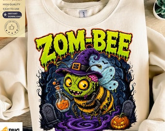 Zombie Bee PNG, Zombee Halloween Shirt Design, Witch Bee Sublimation, Spooky Cute Bee, Halloween Digital Download, Gothic Halloween Graphic