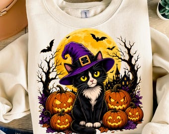 Black Cat Halloween PNG, Witch Cat PNG, Pumpkin Shirt Design, Spooky Halloween Shirt, Black Cat Shirt, Witch Hat Cat, Halloween Sublimation