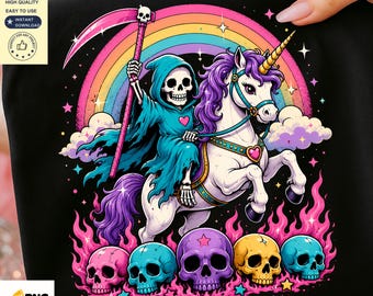 Grim Reaper Unicorn PNG | Pastel Goth Halloween Sublimation Design | Kawaii Skeleton Rainbow Shirt PNG | Spooky Cute Digital Download