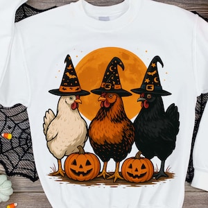 Halloween Chicken Witch T-Shirt PNG | Funny Witch Chickens with Pumpkin & Full Moon | Spooky Farm Animal Halloween Sublimation Design