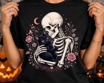 Black Cat Skeleton PNG, Gothic Halloween Shirt Design, Spooky Cat PNG, Halloween Sublimation, cat lover shirt Design