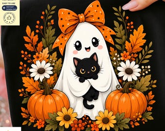 Cute Ghost PNG | Black Cat Halloween Shirt PNG | Coquette Halloween Sublimation Design | Kawaii Ghost PNG | Digital Download