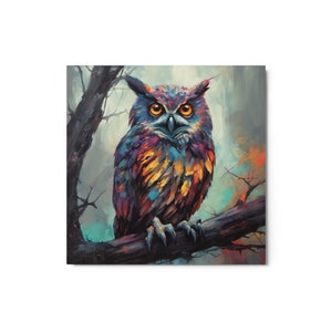 Colorful Owl on Branch Wall Art Metal print