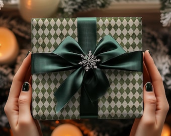 Green Cream Harlequin Christmas Wrapping Paper, Vintage Diamond Pattern Gift Wrap, Rustic Holiday Gift Paper, Farmhouse Christmas Wrap Paper