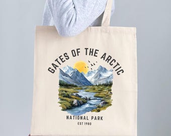 Bolso de tela del Parque Nacional Puertas del Ártico, bolso de lona de Alaska, regalo para amantes de los parques nacionales, bolso de aventura para senderismo, recuerdo de viaje a Alaska