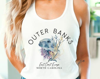 Outer Banks Tank Top, OBX North Carolina Dolphin Tank, Coastal Beach Tank Top, NC Beach Vacation Shirt, Ocean Lover Gift, Dolphin Lover Gift