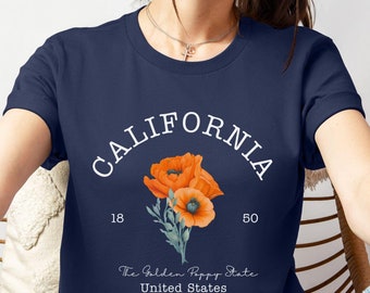 Camisa de cuello redondo con amapola de California - Camisa con flor estatal de amapola dorada - Camisa con flores botánicas de California - Camisa con flores silvestres para amantes de la naturaleza