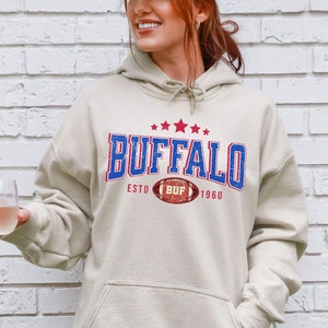 Varsity Style Buffalo Football Hoodie | Buffalo Football Hooded Sweatshirt | Bill SundayTailgate Hoodie | Buffalo Sunday Football Fan Gift