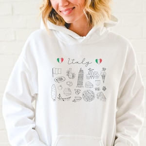 Italy Hooded Sweatshirt, Italia Hoodie for Italy Vacation, Italy Travel Hooded Sweatshirt, Cute Italy Symbolic Doodle Hoodie, Italy Gifts