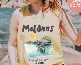 Camiseta sin mangas Maldivas Paraíso Tropical, Camiseta sin mangas para vacaciones en la playa, Conjunto para luna de miel, Top de viaje de verano, Camiseta sin mangas para amantes del océano