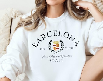 Barcelona Spain Sweatshirt, Barcelona Coat of Arms Crewneck, Spanish Travel Gift, Gildan 18000 Pullover, Barcelona Souvenir