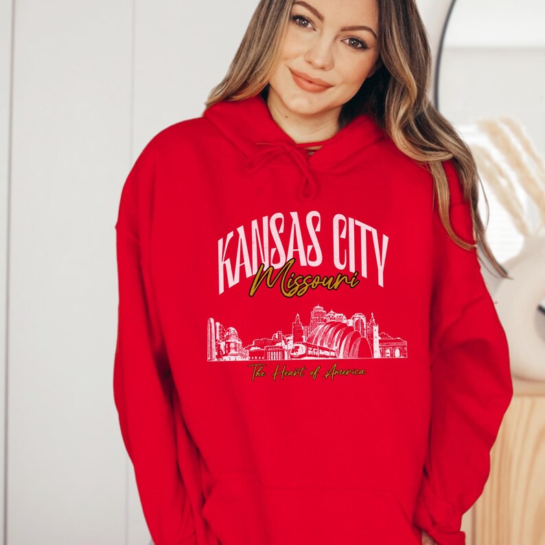 Retro oversized Kansas City skyline Hoodie with vintage cityscape design. Unisex hooded sweatshirt perfect for Kansas City fans and Missouri State lovers. Unique varsity-style Kansas City fan shirt with bold city skyline graphic.