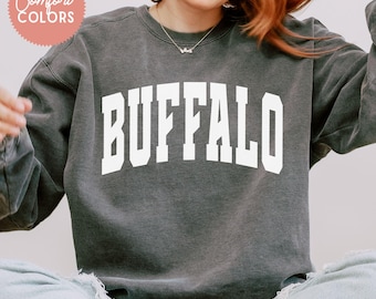 Buffalo NY College-tröja, New York Varsity-tröja i överdimensionerad storlek, Vintage Buffalo-tröja med rund hals, Comfort Colors®-tröja, NYC-present