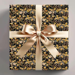 Carta da regalo floreale estiva, carta da regalo con motivo "Giardino selvatico giallo", rotolo di carta botanica gialla, rotolo di carta da regalo floreale dorata, carta da regalo fiorita