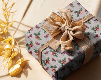 Robin Bird Christmas Gift Wrap Paper, Watercolor Holly & Berry Wrapping Sheets, Cute Woodland Holiday Wrap, Festive Winter Gift Paper